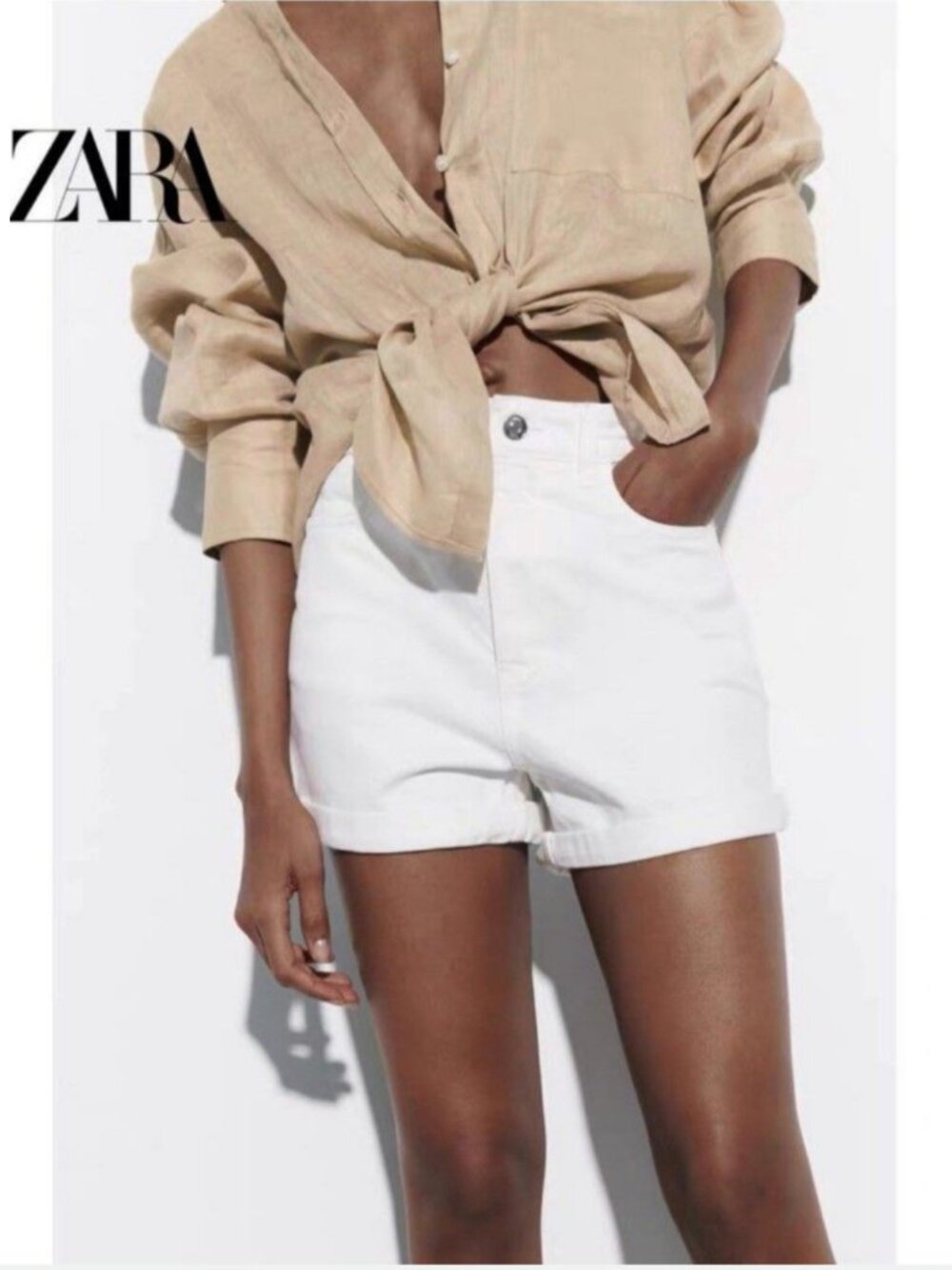 Zara High Rise White Denim Shorts
